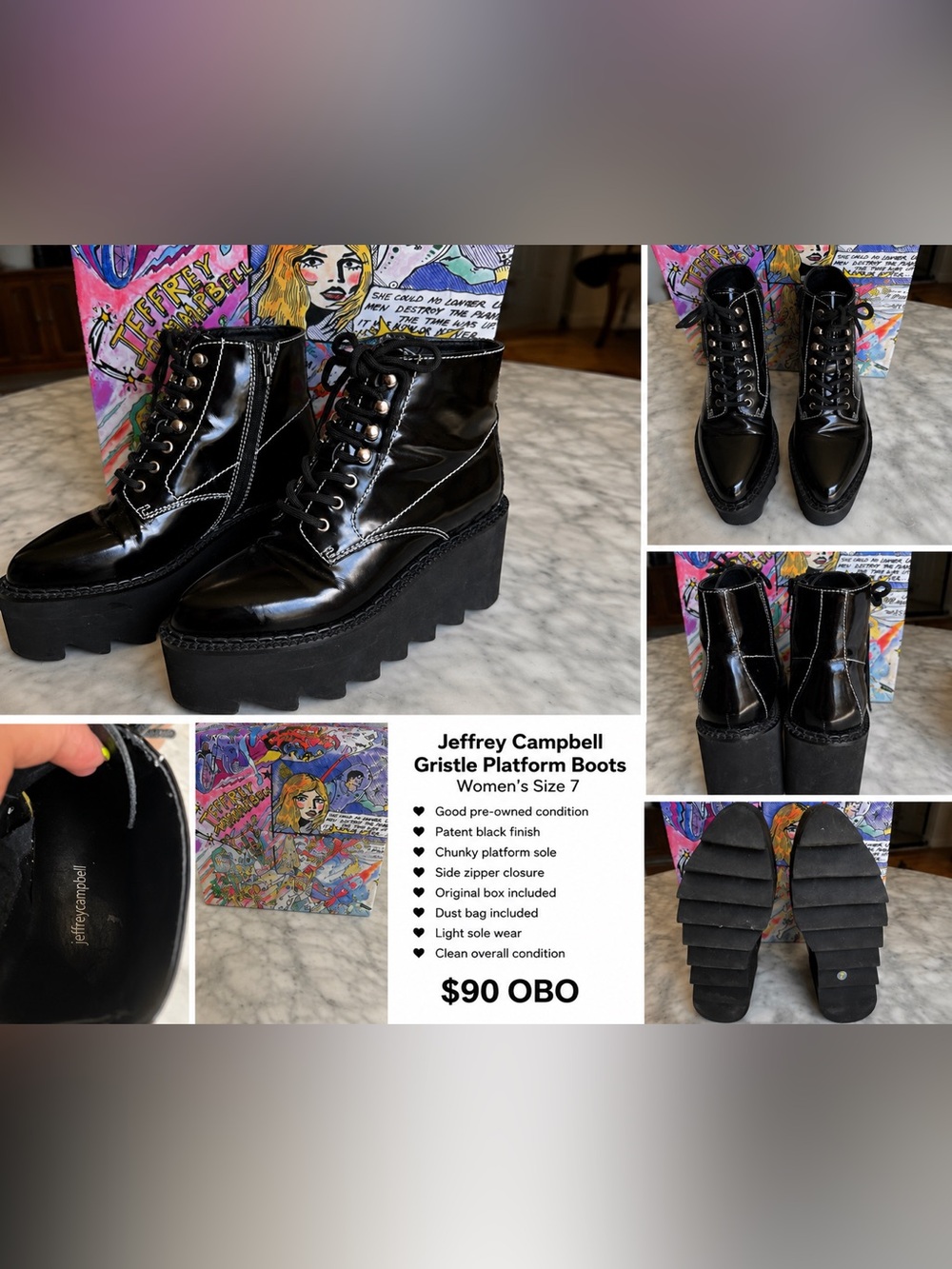 Jeffrey Campbell Black Patent Lace-Up Platform Boots